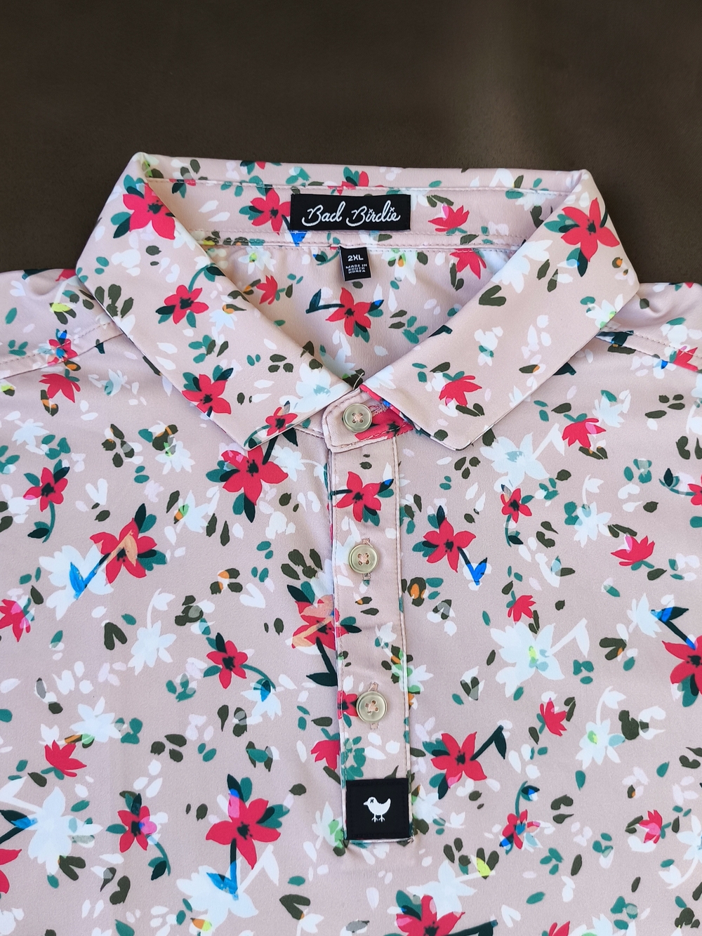 Bad Birdie Men’s Floral Polo Shirt in Blush Pink Size 2XL